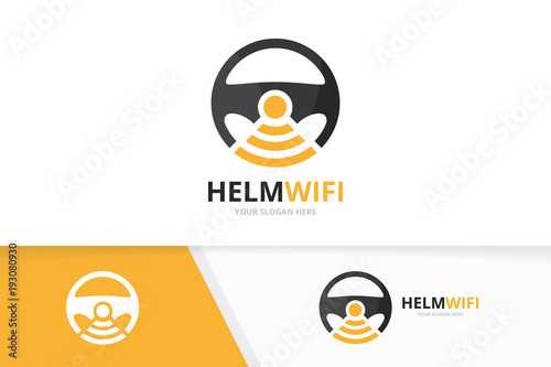 Vector car helm and wifi logo combination. Steering wheel and signal symbol or icon. Unique rudder and radio, internet logotype design template.