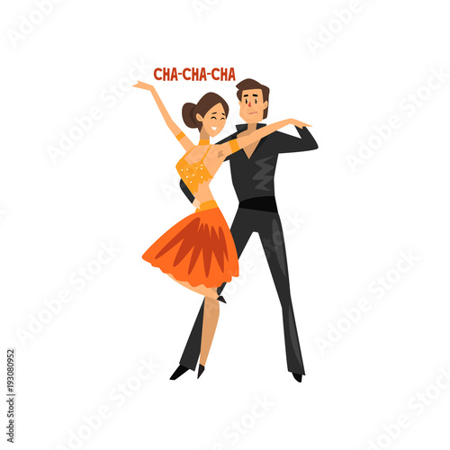 Professional dancer couple dancing cha-cha-cha, pair of young man and woman dressed in elegant clothing performing dance vector Illustration on a white background photo