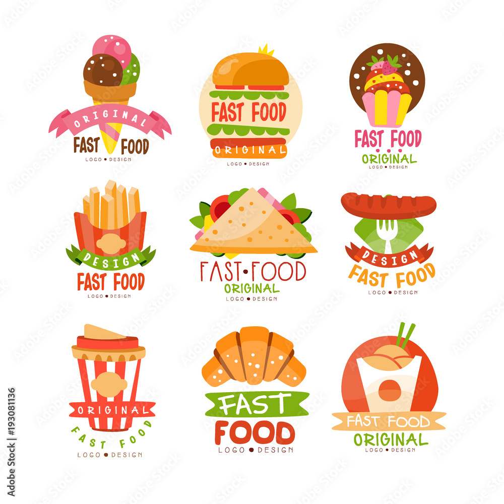 Fast food logos set, burger, cupcake, pizza, french fries, croissant, sausage, sandwich, ice cream cone vector Illustrations