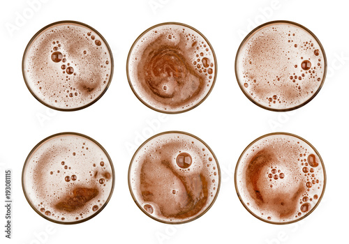 Collection set of beer in glass or mug and froth bubble foam on above top view isolated on white background food and drink object design