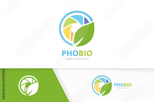 Vector camera shutter and leaf logo combination. Lens and eco symbol or icon. Unique photo and organic logotype design template.