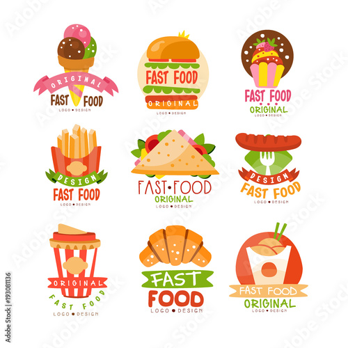Fast food logos set  burger  cupcake  pizza  french fries  croissant  sausage  sandwich  ice cream cone vector Illustrations