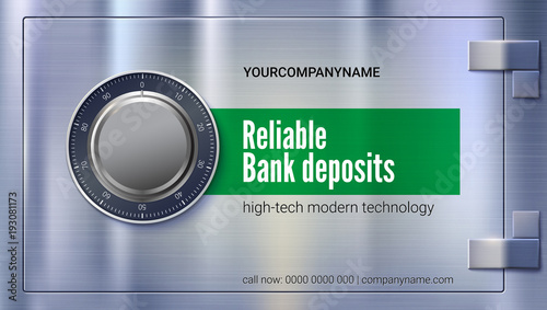 Safety Deposit box for storing money. Safe lock on metal surface with texture. Realistic combination lock, front view. Concept security of money, 3D illustration. Poster for banking services.