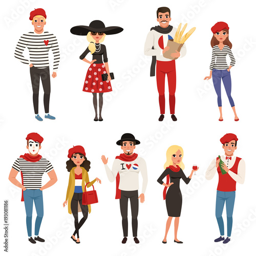 French male and female characters, people dressed in traditional Parisian style vector Illustrations
