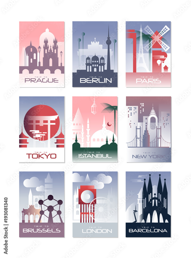 City cards set, landscape template of flyer, poster, book cover, banner, Berlin, Paris, Tokyo, Istanbul, Brussels, New York, London, Barcelona vector illustrations