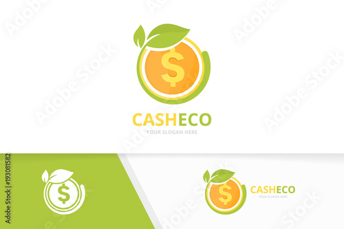 Vector coin and leaf logo combination. Money and eco symbol or icon. Unique cash and organic logotype design template.