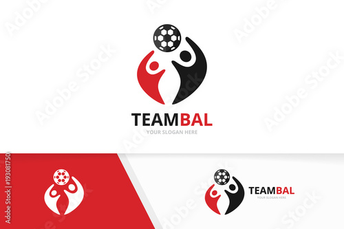 Vector soccer and people logo combination. Ball and family symbol or icon. Unique football and union, help, connect, team logotype design template.