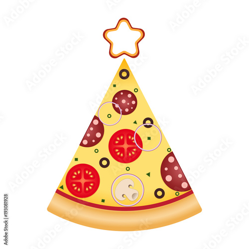 Pizza slice in tree shape with star on top. Pizza Christmas tree. Christmas and New Year pizza food delivery. Illustration for advertisement, web sites, banners design. Vector illustration isolated on