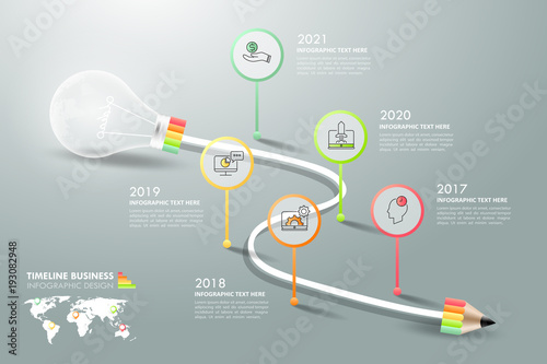 Design lightbulb infographic 5 options,  Business concept infographic template can be used for workflow layout, diagram, number options, timeline or milestones project.