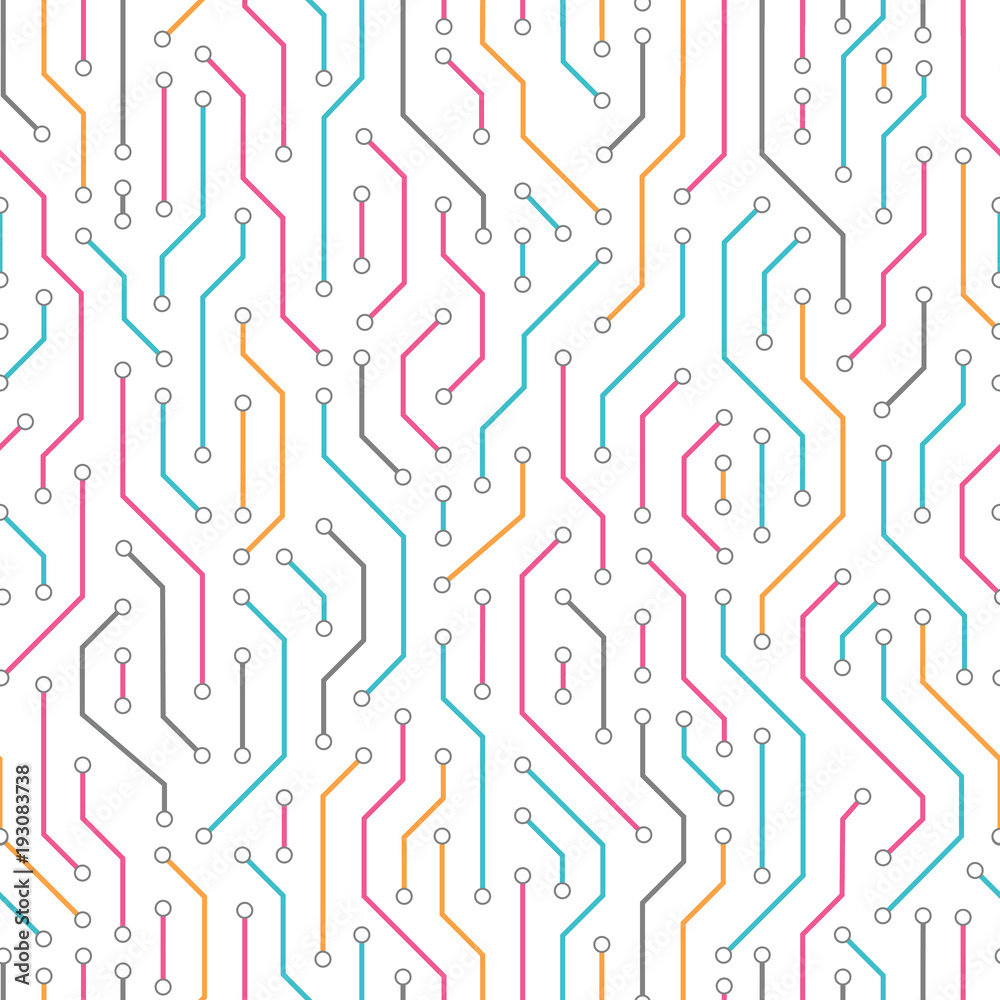 Technology seamless pattern from colored lines connections. Abstract ...