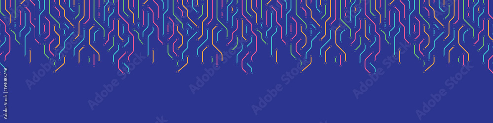 Technology background from colored lines connections for web-site header. Abstract information connectivity background. IT-development conception. Neural structure. Vector illustration - obrazy, fototapety, plakaty 