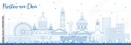 Outline Rostov-on-Don Russia City Skyline with Blue Buildings.