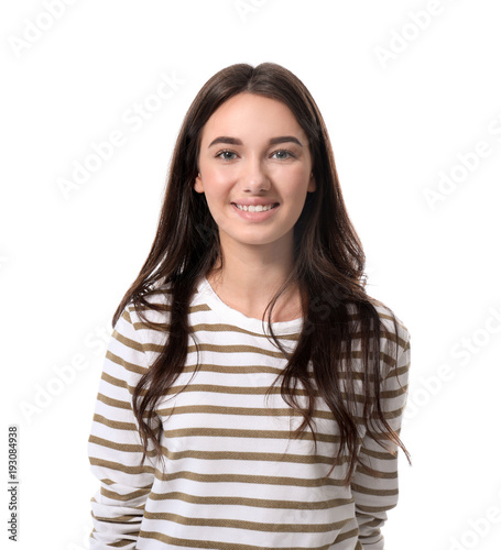 Pretty teenage girl on whit...