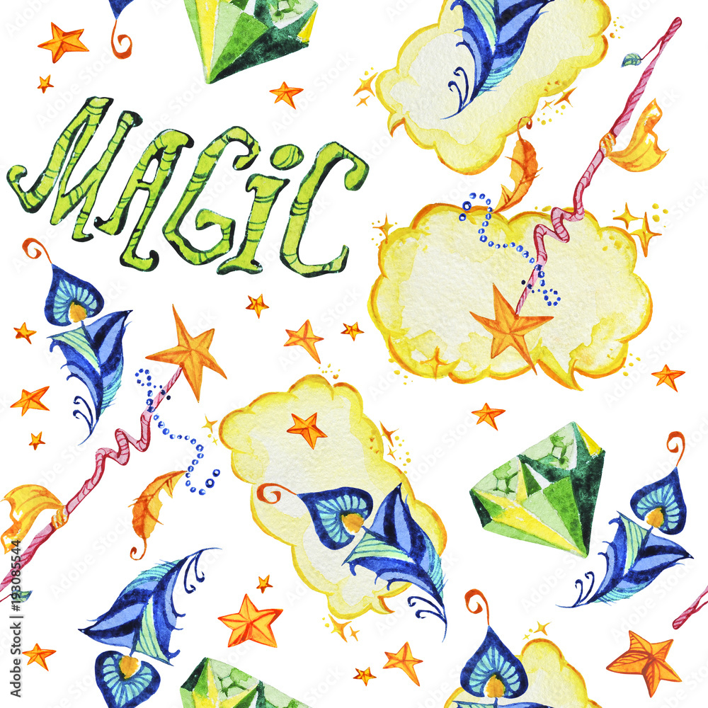 Watercolor magic seamless pattern illustration with hand drawn artistic elements isolated on white background - . Perfect for prints, children goods media designs, interior designs etc.