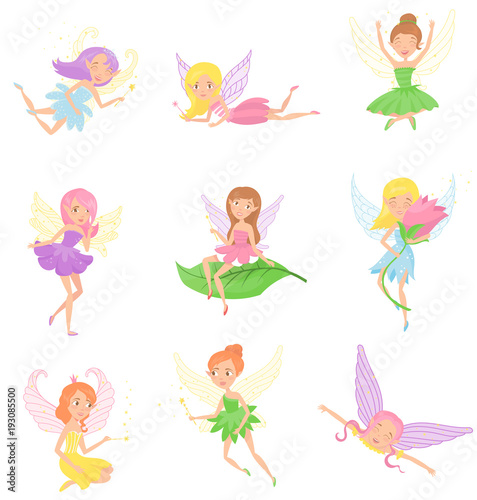 Collection of magic fairies in different dresses. Cute girls with elf ears, colorful hair and little wings. Fictional creatures from fairytales. Flat vector design for kid book or print