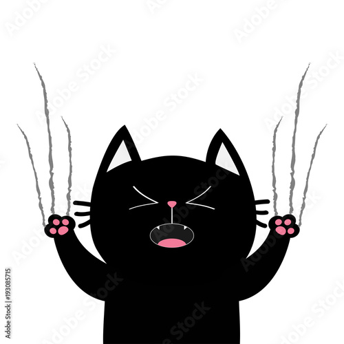 Black fat cat nail claw scratch glass. Screaming kitten. Cute cartoon funny character. Excoriation track line shape. Baby pet collection. White background. Isolated. Flat design.