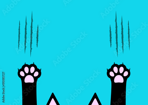 Cat claw scratching set. Black paw print leg foot. Bloody claws animal red scratch scrape track. Ear cartoon character body part silhouette. Baby pet collection Flat design Blue background.