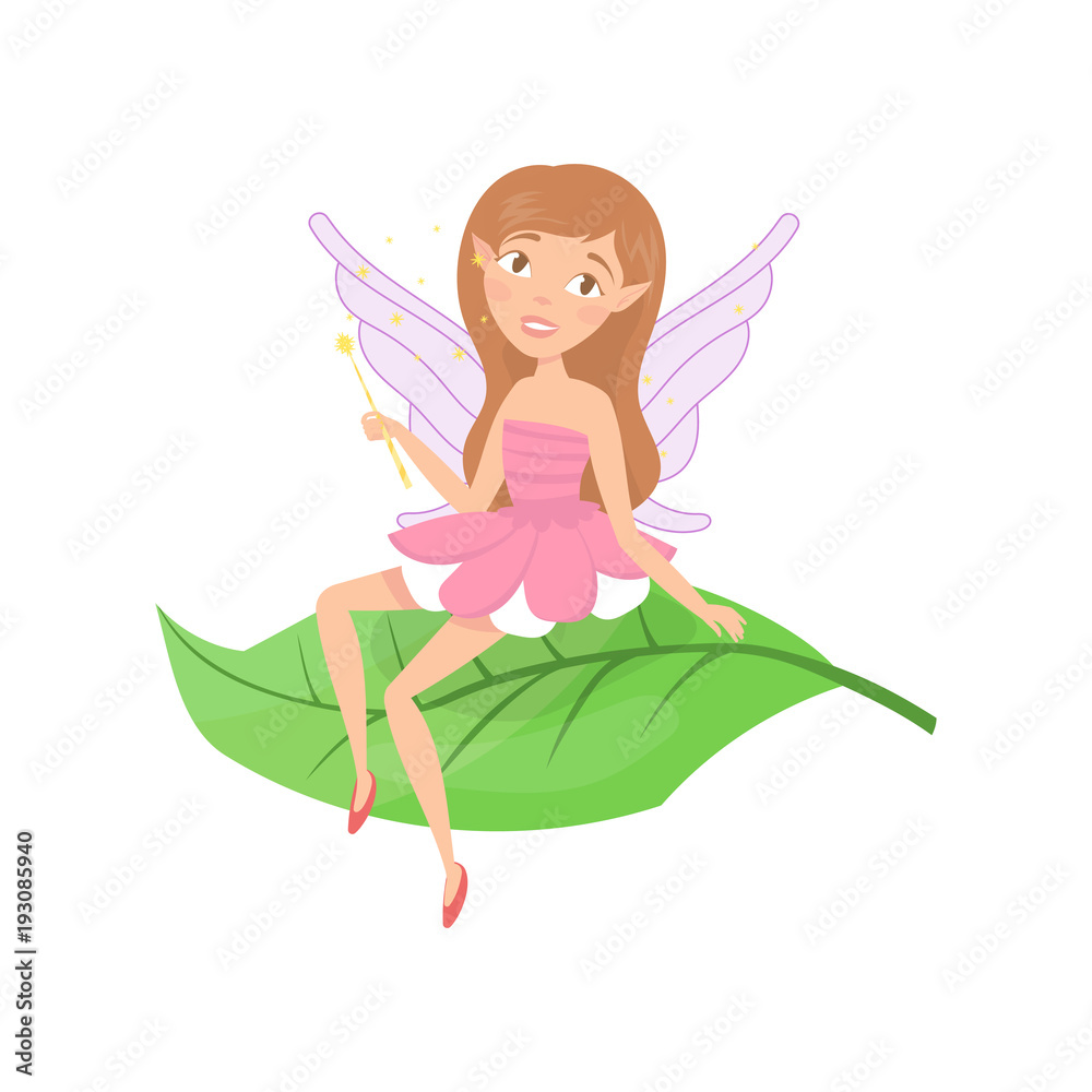 Cute forest fairy sitting on green leaf. Adorable girl with cute elf ears and little wings dressed in fancy pink dress. Fairytale creature. Colorful flat vector design Cute forest fairy sitting on green leaf. Adorable girl with cute elf ears and little wings dressed in fancy pink dress. Fairytale creature. Colorful flat vector design