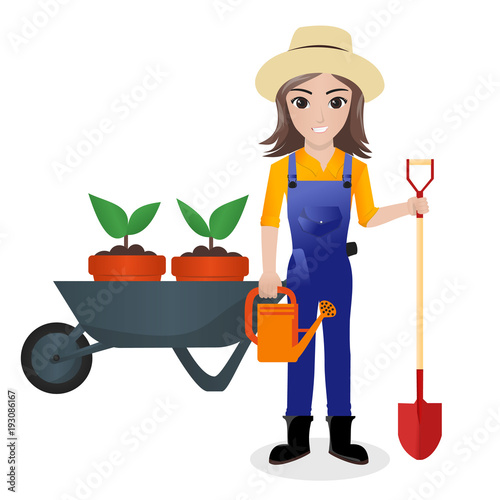 Female Gardener Holding Watering Can and Shovel 