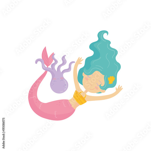 Adorable mermaid with pink tail swimming with purple octopus. Water nymph with turquoise hair. Mythical water creature. Flat vector design for postcard, print or kid book