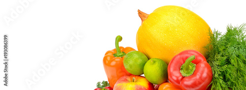 Fruits and vegetables isolated on a white background. Free space for text. Wide photo.