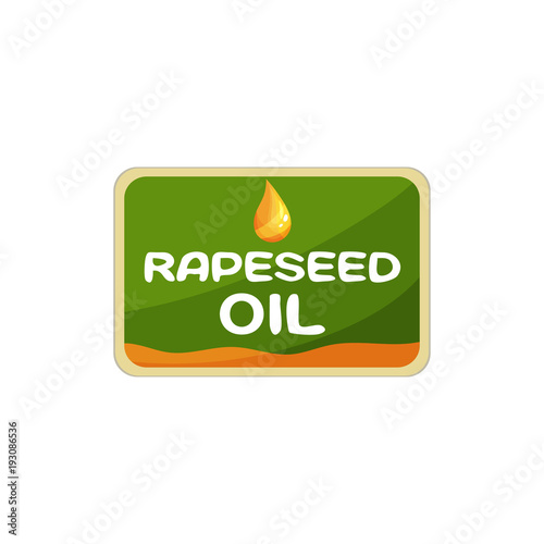 Rectangular label for rapeseed oil. Packaging design for organic product. Graphic element for promotional placard, banner or flyer. Colorful flat vector illustration