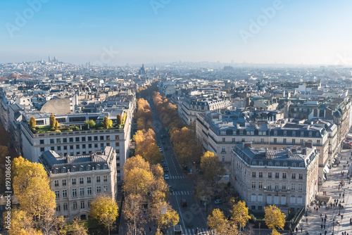 Paris, panorama from the Arc de Triomphe, aerial view, beautiful buildings avenue de Friesland, Saint-Augustin church and the Sacre Coeur in background       © Pascale Gueret