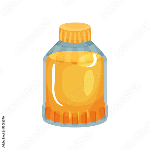 Transparent bottle with plastic cap filled with rapeseed oil. Natural product. Flat vector element for product presentation or promotional poster