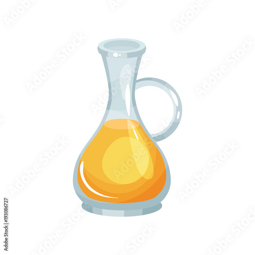 Glass jug of fresh rapeseed oil. Natural agricultural product. Healthy eating. Transparent bottle with yellow liquid. Flat vector design for promotional poster