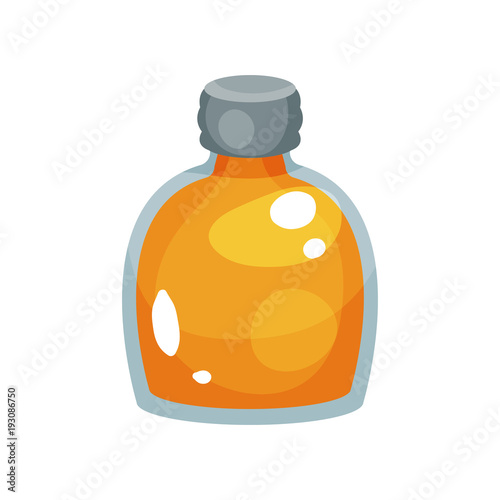 Glass bottle with gray metallic cap filled with rapeseed oil. Organic product. Flat vector element for promotional poster or product presentation
