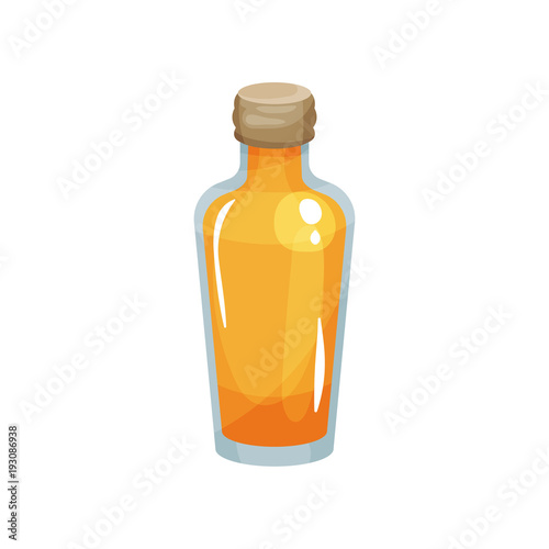 Glass bottle filled with rapeseed oil. Natural product. Cooking ingredient. Flat vector element for promotional poster or product presentation
