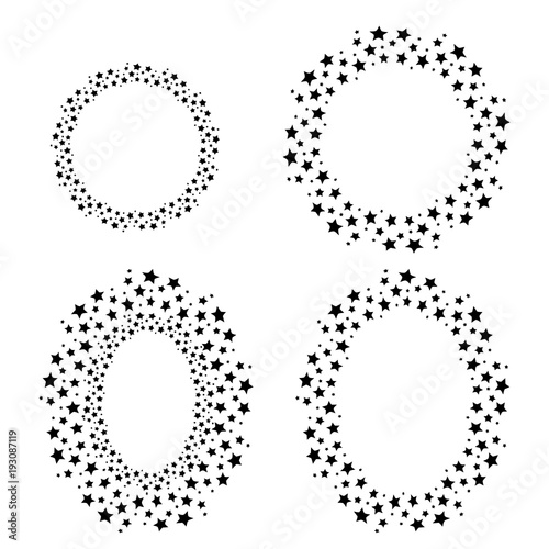 Set of circle and oval frames of black stars. Vector illustration.