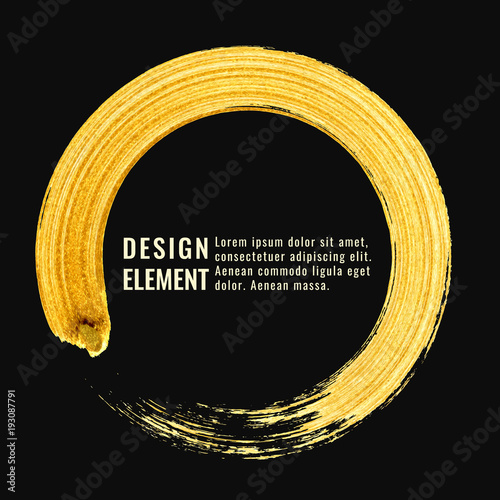Gold hand drawn circle paint brush stroke isolated on black background. Abstract vector golden acrylic textured smear spot. Banner design template