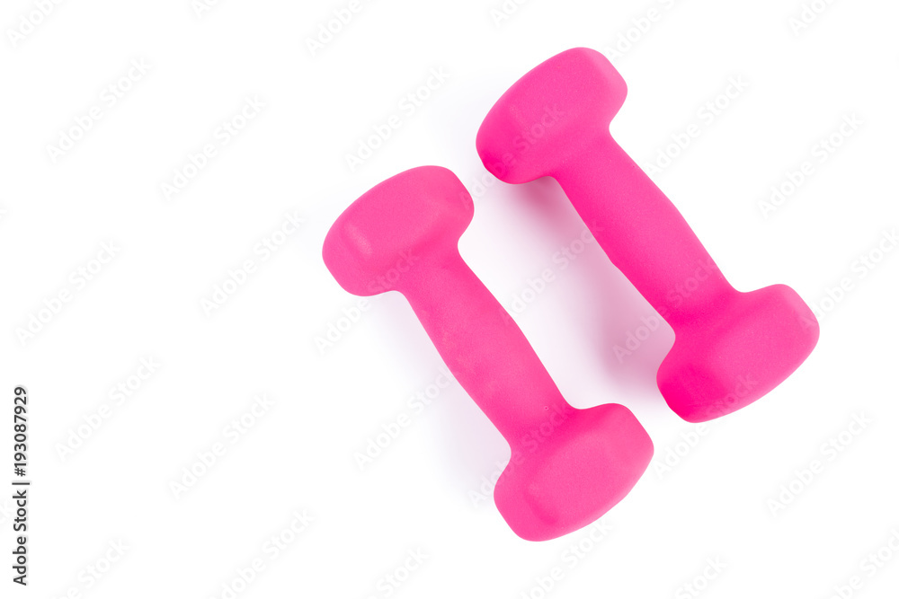 Top view of two pink dumbbells on a white background
