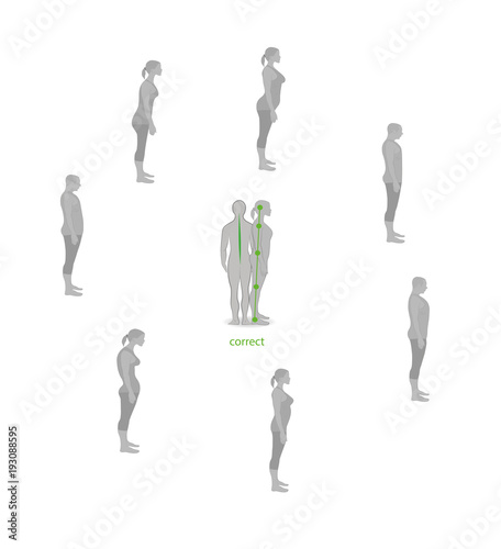 Correct alignment of human body in standing posture for good personality and healthy of spine and bone. Health care and medical illustration 