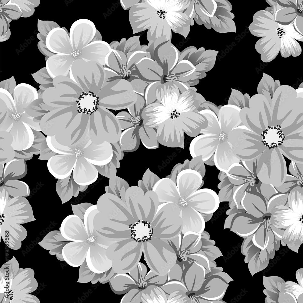 abstract seamless pattern of flowers on a black background. For design of cards, invitations, greeting birthday, party, wedding, Valentine's day. On textiles, Wallpaper.
