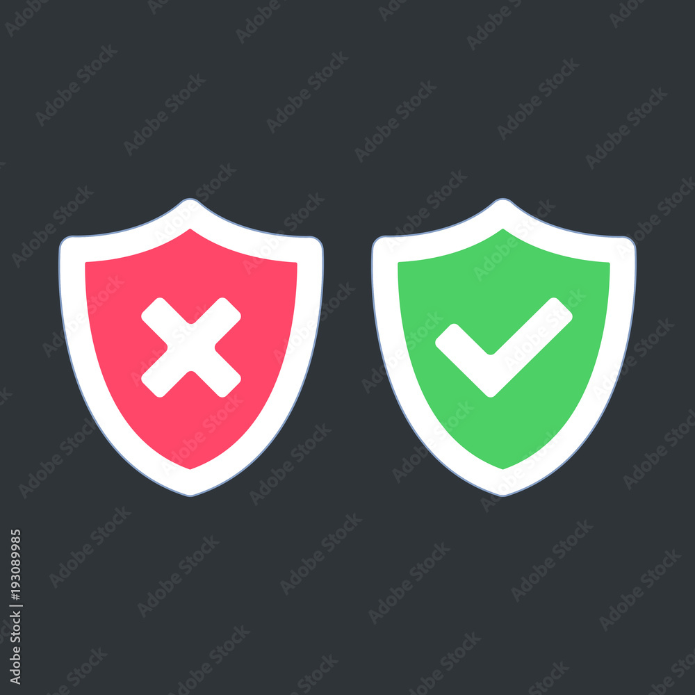Vector shields tick and cross icons sign set flat design vector illustration Vector shields tick and cross icons sign set flat design vector illustration
