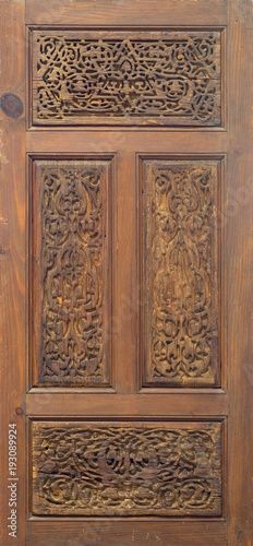 Arabesque floral engraved patterns of Fatimid style wooden ornate door leaf, Cairo, Egypt