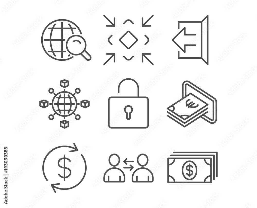 Set of Communication, Minimize and Cash icons. Lock, Sign out and Usd exchange signs. Logistics network, Internet search and Banking symbols. Users talking, Small screen, Atm payment. Vector