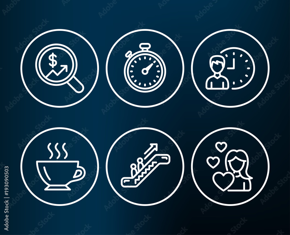 Set of Currency audit, Escalator and Working hours icons. Coffee, Timer and Love signs. Money chart, Elevator, Project deadline. Cappuccino, Stopwatch gadget, Woman in love. Editable stroke. Vector Set of Currency audit, Escalator and Working hours icons. Coffee, Timer and Love signs. Money chart, Elevator, Project deadline. Cappuccino, Stopwatch gadget, Woman in love. Editable stroke. Vector