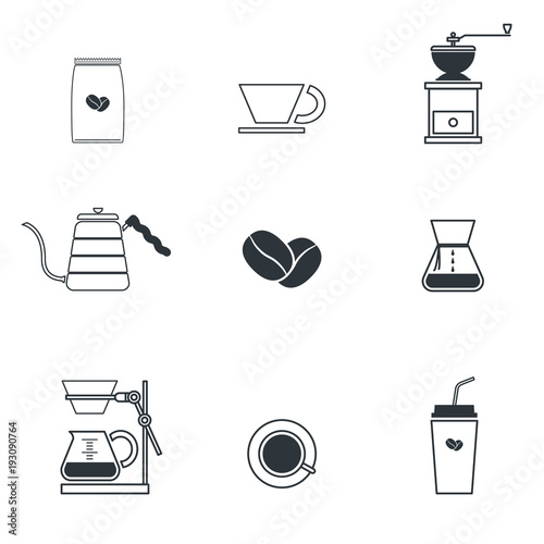 Coffee drip with accessories icon set lineart style,vector illustration isolated on White background .Thease are can be use for your design concept and any idea