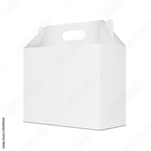 Cardboard box with handle - half side view. Present your design on this sample. Vector illustration