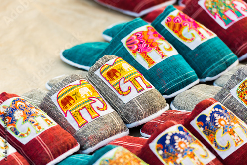 Souvenir slippers with an elephant on the market in, Luang Prabang, Laos. Close-up.