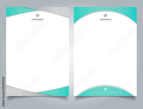 Abstract creative letterhead design template light blue color geometric triangle and curve shape overlay on white background.