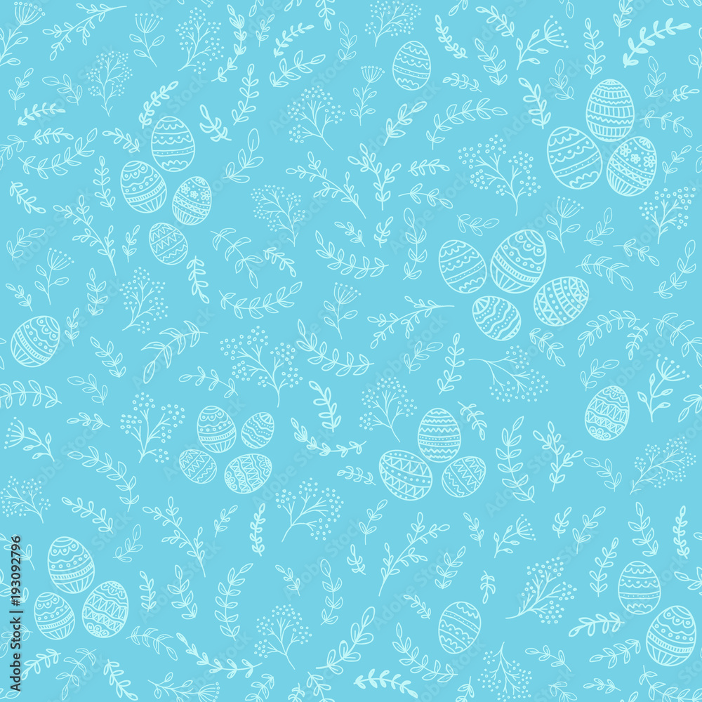 Seamless Easter decorations with eggs on blue background