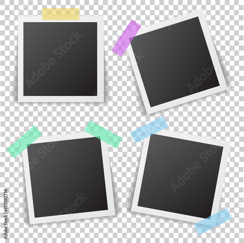 Frames of photo with shadow pin on sticky tape. Realistic empty square black and white photo snapshot isolated on transparent background. Vector frame of picture for your design