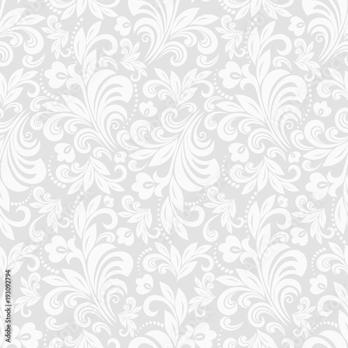 Seamless grey background with white pattern in baroque style. Vector retro illustration. Ideal for printing on fabric or paper.