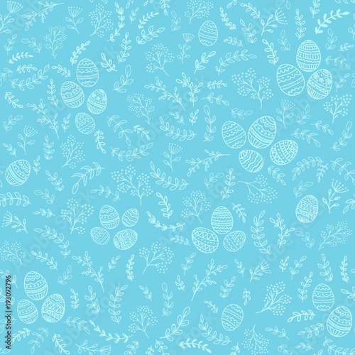 Seamless Easter decorations with eggs on blue background