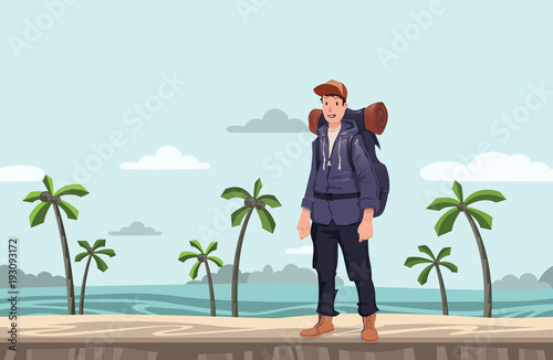 A young happy man, backpacker on the sea beach. Hiker, Explorer. Vector Illustration with copy space.