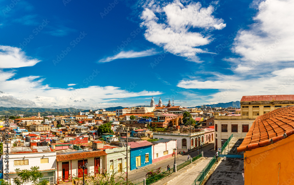 Panorama of the city center with old houses and poor slum blocks, Santiago de Cuba, Cuba